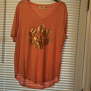 Piko orange & white striped top with metallic paw. Size L